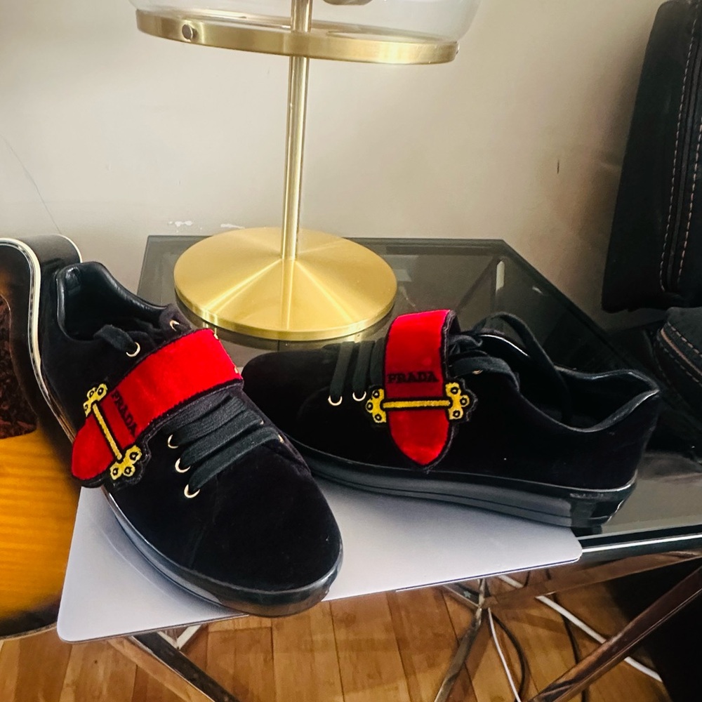 Prada Velvet Black and Red Sneakers